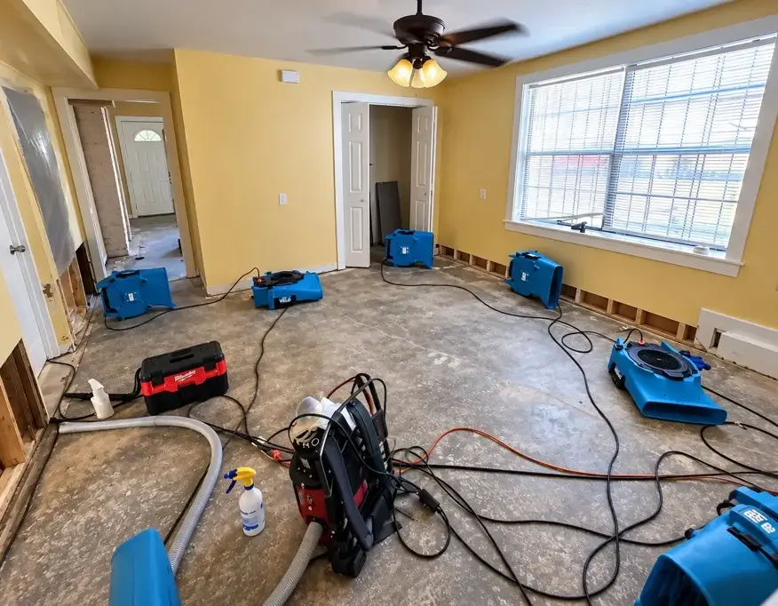 Restoration technicians extracting standing water from a flooded Metairie, LA home